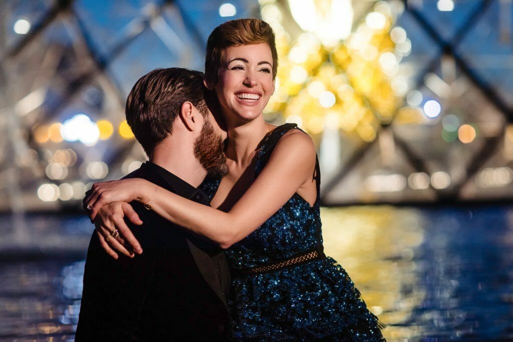 Romantic Blue Hour Paris Couple photoshoot Louvre at night