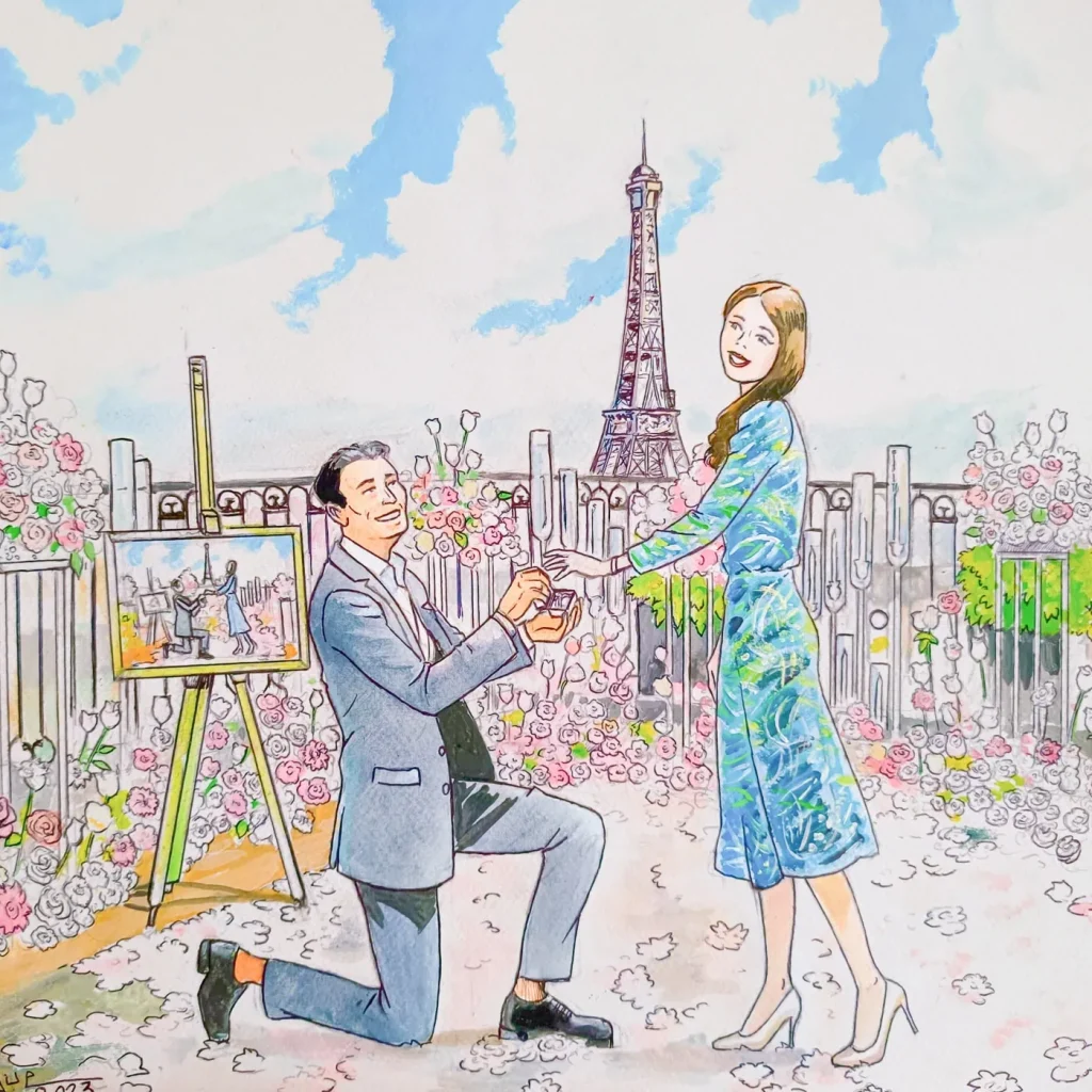 Artist painting Paris proposal on Eiffel Tower rooftop at Peninsula Hotel with custom florals and luxury decor