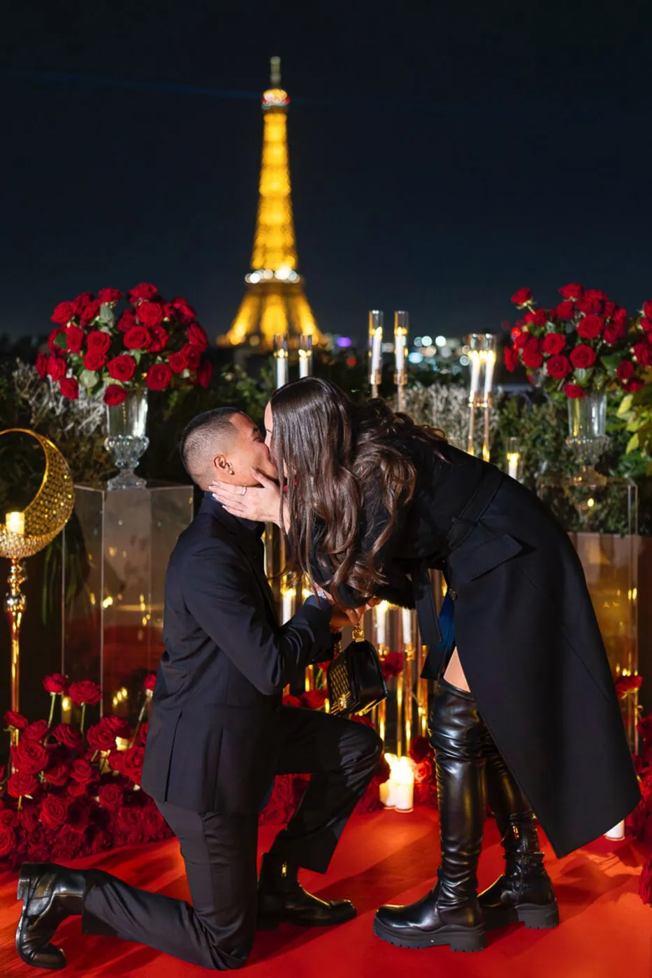 Paris proposal photographer capturing romantic knee proposal at Peninsula Secret Table with Eiffel Tower view